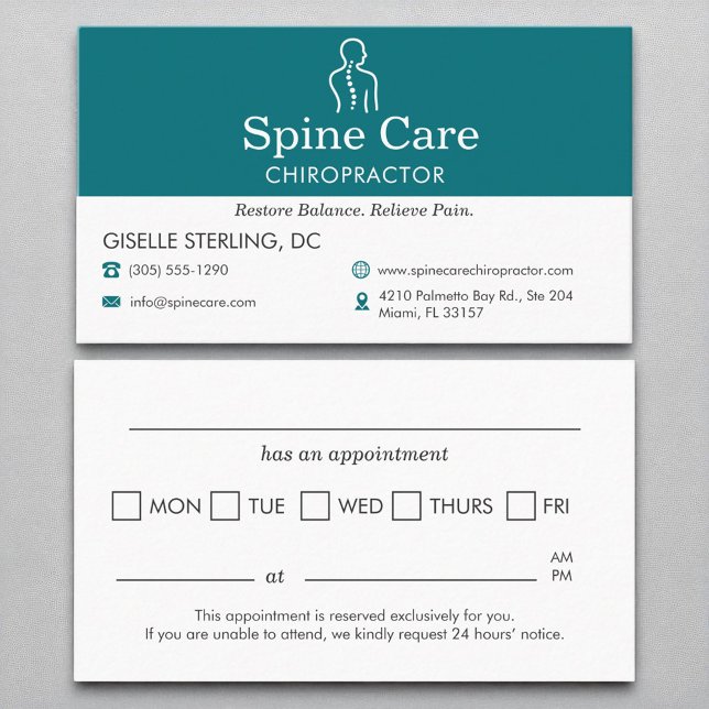 Teal Chiropractor Appointment Reminder Office  Business Card (Creator Uploaded)