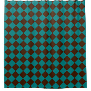 Teal Chocolate Brown Chequered Diamond Pattern Shower Curtain