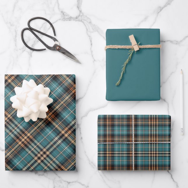 Teal & Chocolate Plaid Wrapping Paper Sheets (Front)
