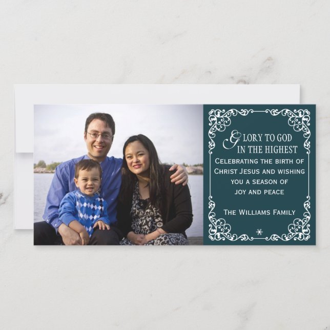 Teal Christian Vintage Christmas Photo Cards (Front)