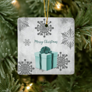 Teal Christmas Gift Holiday Ceramic Ornament