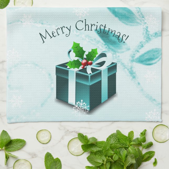 Teal Christmas Gift Kitchen Towel (Folded)