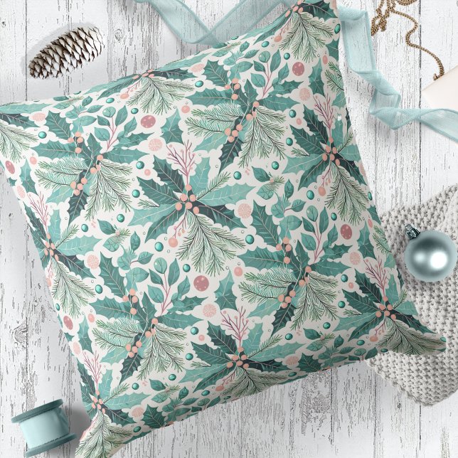 Teal Christmas Holly Berries Pattern#17 ID1009 Cushion (Creator Uploaded)