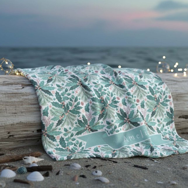 Teal Christmas Holly Berries Pattern#17 ID1009 Fleece Blanket (Creator Uploaded)