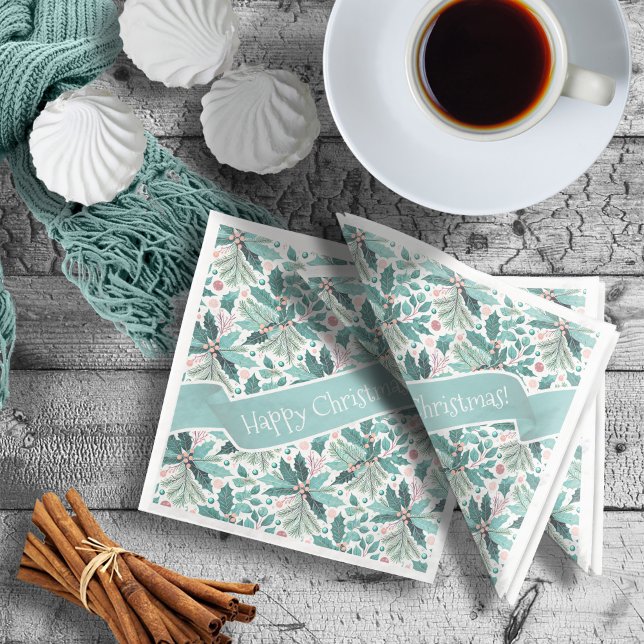 Teal Christmas Holly Berries Pattern#17 ID1009 Napkin (Creator Uploaded)
