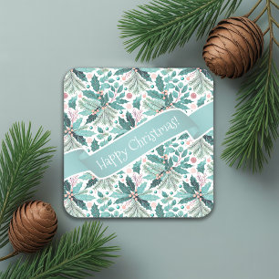 Teal Christmas Holly Berries Pattern#17 ID1009 Square Paper Coaster