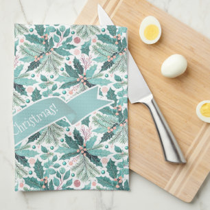 Teal Christmas Holly Berries Pattern#17 ID1009 Tea Towel