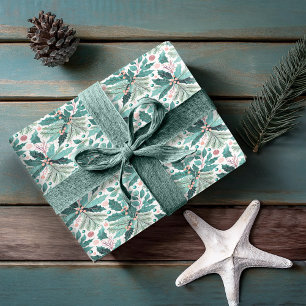 Teal Christmas Holly Berries Pattern#17 ID1009 Wrapping Paper