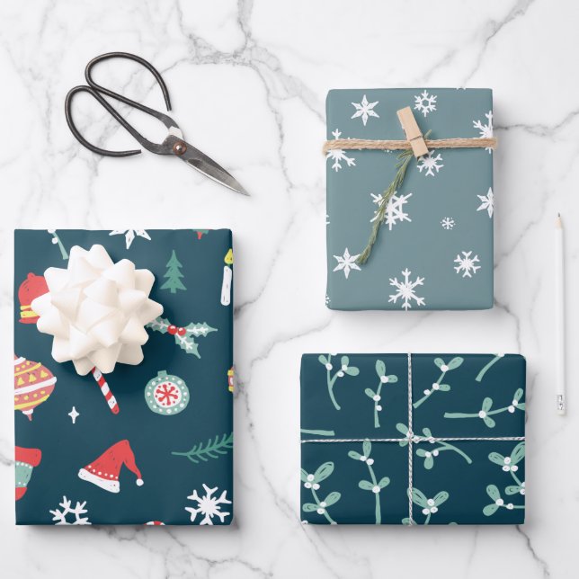 Teal Christmas Images Snowflakes Twigs Pattern Wrapping Paper Sheet (Front)