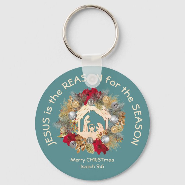 Teal Christmas JESUS IS THE REASON Keychain (Front)
