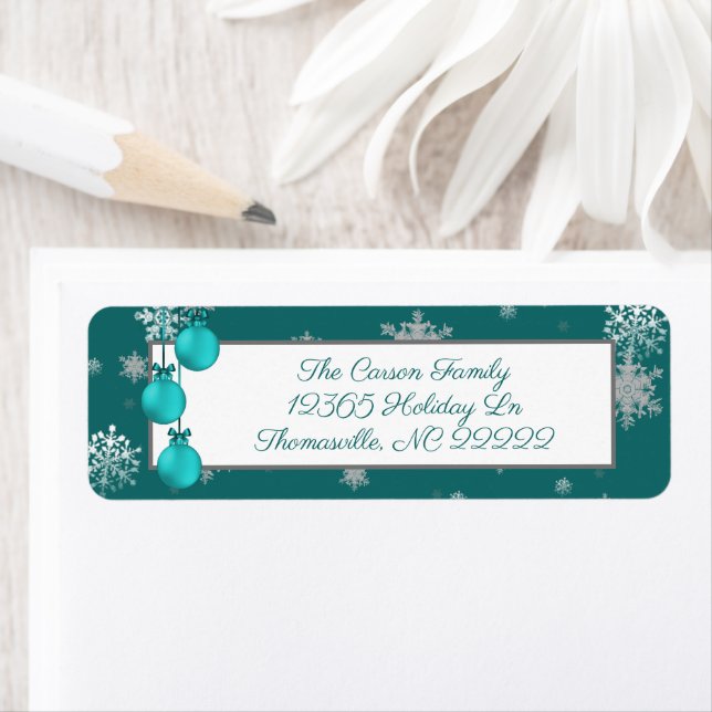 Teal Christmas Ornaments Address Label (Insitu)