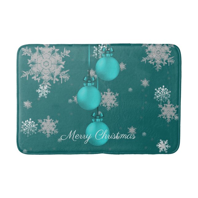 Teal Christmas Ornaments Bath Mat (Front)
