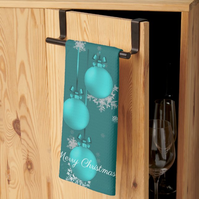Teal Christmas Ornaments Kitchen Towel (Thirds Fold)