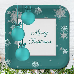 Teal Christmas Ornaments Paper Plate