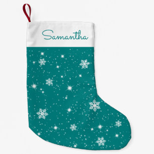 Teal Christmas Snowflakes Stars Pattern with Name Small Christmas Stocking