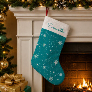 Teal Christmas Snowflakes Stars Pattern with Name Small Christmas Stocking
