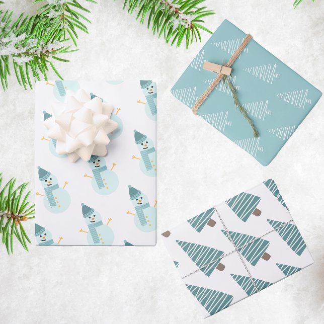  Teal Christmas Snowman and Trees Wrapping Paper Sheet (Creator Uploaded)