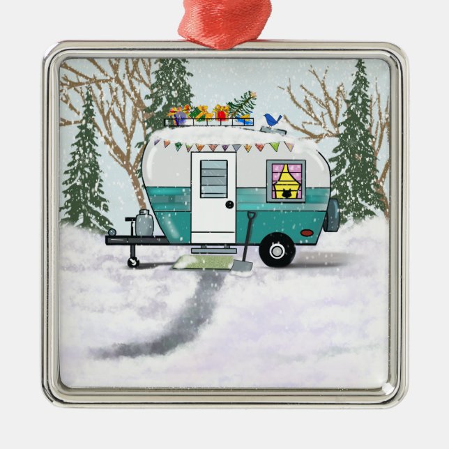 Teal Christmas Trailer Metal Tree Decoration (Front)