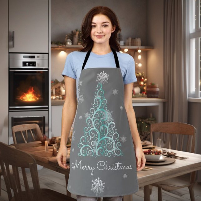 Teal Christmas Tree and Snowflakes Apron (Teal Christmas Tree and Snowflakes Apron)