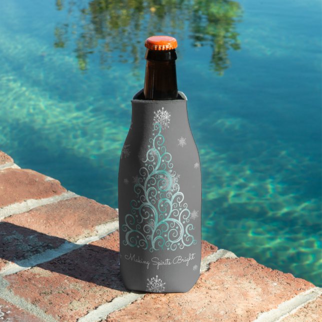 Teal Christmas Tree and Snowflakes Bottle Cooler (In Situ Pool)