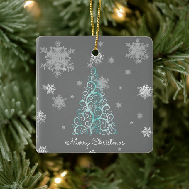 Teal Christmas Tree and Snowflakes Ceramic Ornament (Tree)