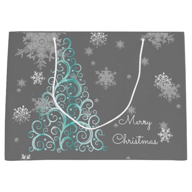 Teal Christmas Tree and Snowflakes Gift Bag (Front)