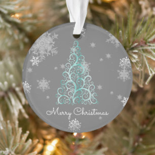 Teal Christmas Tree and Snowflakes Ornament