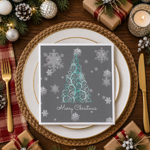 Teal Christmas Tree and Snowflakes Paper Napkin
