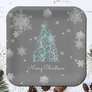 Teal Christmas Tree and Snowflakes Paper Plate
