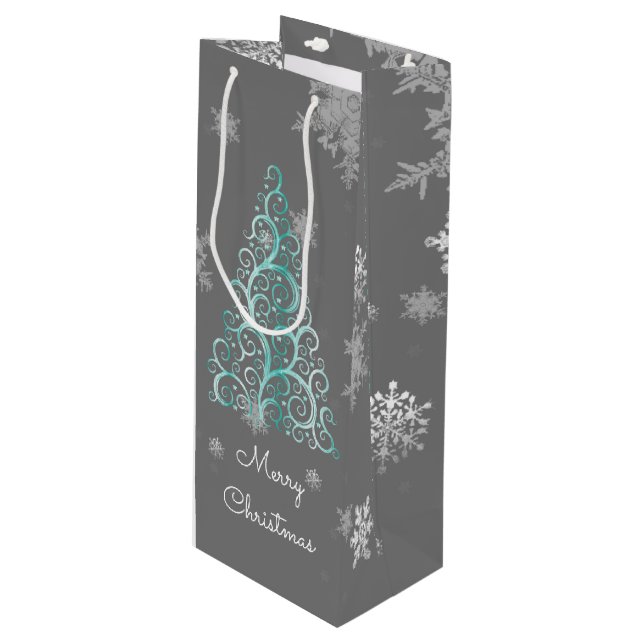 Teal Christmas Tree and Snowflakes Wine Gift Bag (Front Angled)