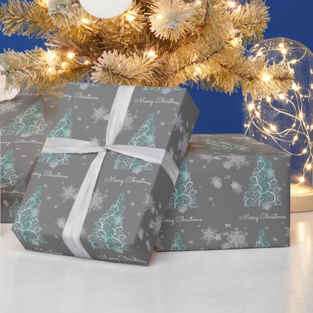 Teal Christmas Tree and Snowflakes  Wrapping Paper (Holidays)