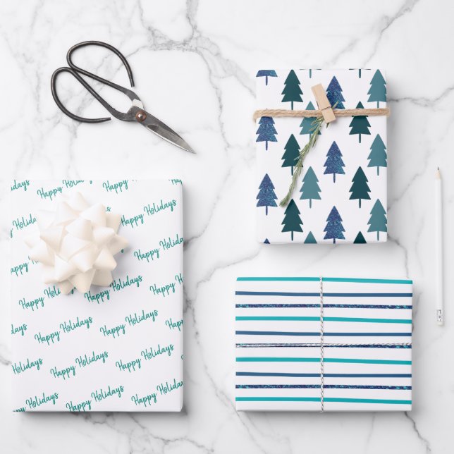 Teal Christmas Tree Glitter Stripes Wrapping Paper Sheet (Front)