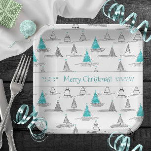 Teal Christmas Tree Pattern#5 ID1009 Paper Plate