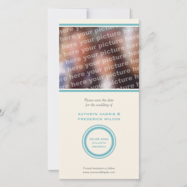 Teal circle wedding save the date announcement (Front)