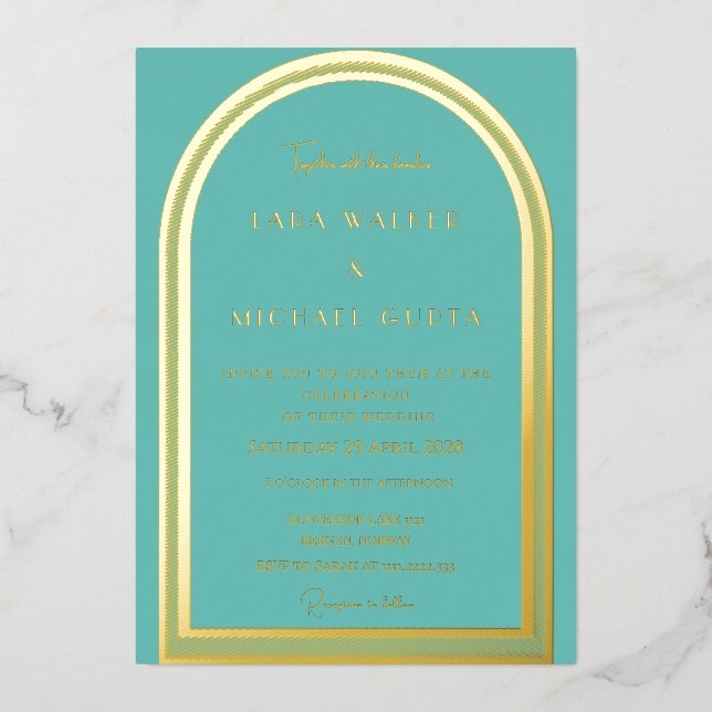 Teal Classic Arch Foil Wedding Invitation (Front)