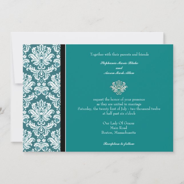 Teal Classic Damask Wedding Invitation (Front)