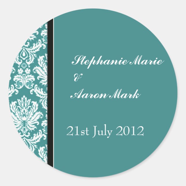 Teal Classic Damask Wedding Label Sticker (Front)