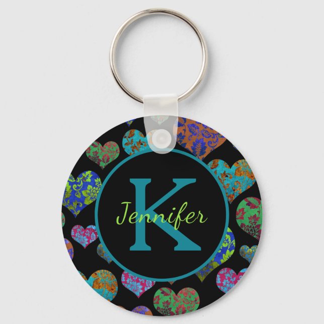 Teal Colourful floral hearts initial name monogram Key Ring (Front)