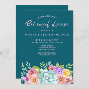  Teal Colourful  Floral Rehearsal Dinner  Invitation