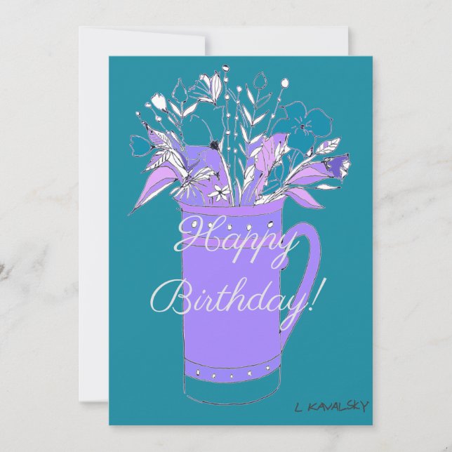 Teal Colourful Happy Birthday Flowers In Mug  Holiday Card (Front)