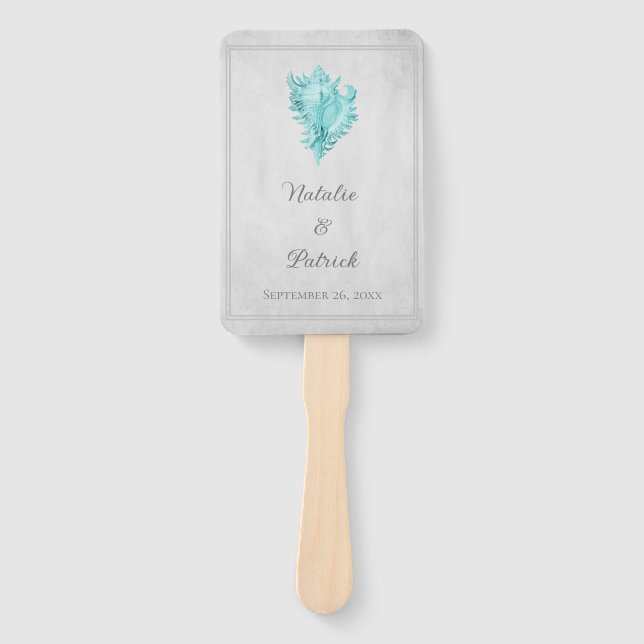 Teal Conch Shell Wedding Hand Fans (Front)