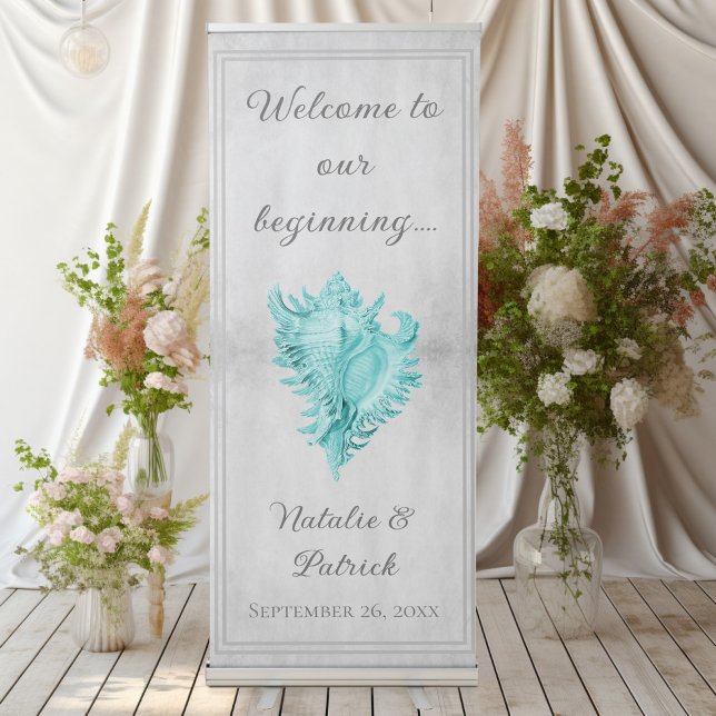 Teal Conch Shell Wedding Retractable Banner (Teal Conch Shell Wedding Welcome Retractable Banner)