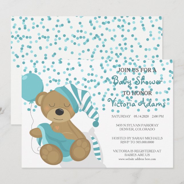 Teal Confetti Baby Bear Shower Invitation (Front/Back)