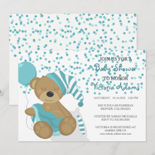 Teal Confetti Baby Bear Shower Invitation