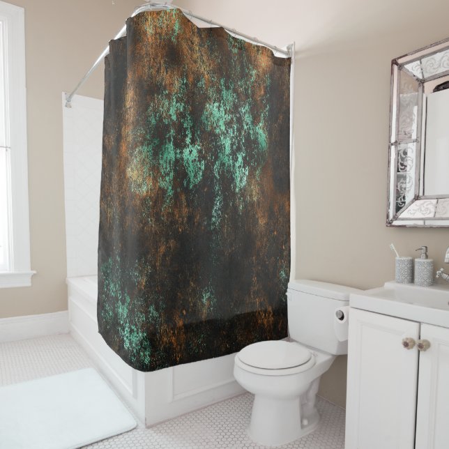 Teal Cooper Patina Metallic Shower Curtain (In Situ)