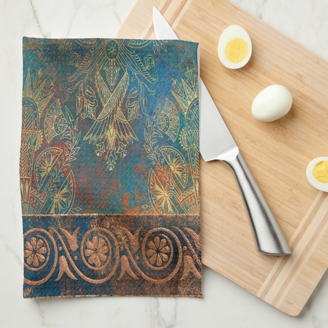 Teal Cooper Patina Turquoise  Tea Towel (Quarter Fold)