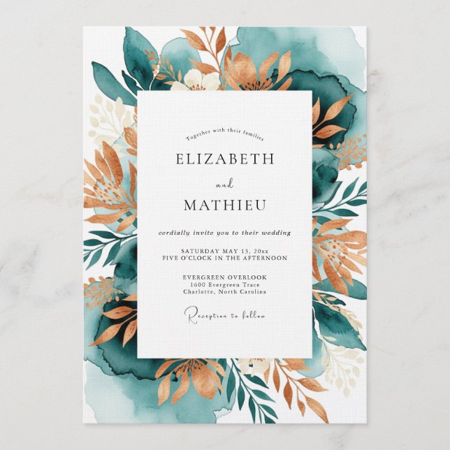 Teal Copper Botanical Romance Wedding Invitation (Front)