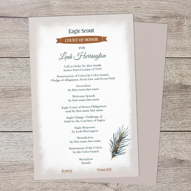Teal, Copper Eagle Scout Court of Honor Program Flyer (winter pine needles, teal green, copper brown eagle scout court of honor ceremony program)