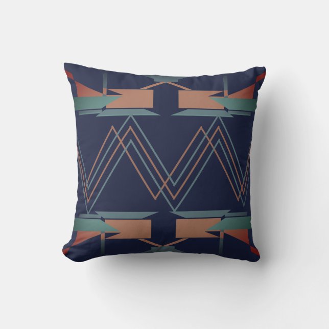 Teal Copper on Navy Blue Zig-zag Southwest Look Cushion (Front)