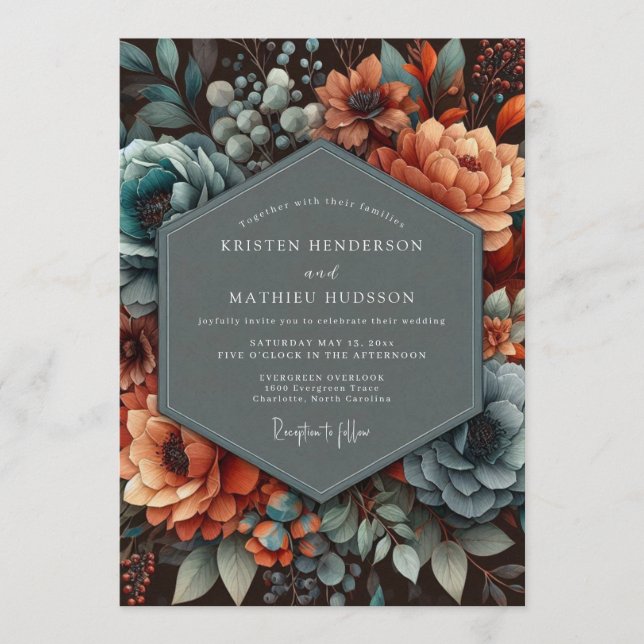 Teal Copper Shadowy Wedding Invitation (Front)